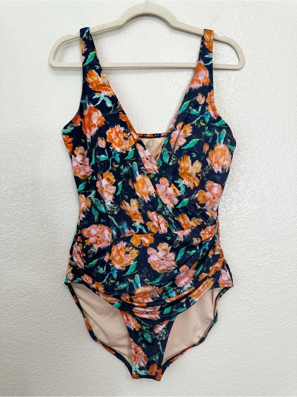 Garnet Hill Navy Blue Floral V-neck Ruched Wrap One Piece Swimsuit, Size 14
